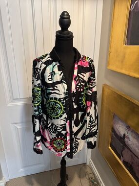 Desigual Vibrant Abstract Floral Button-Up Blouse - Pink, Lime & Aqua